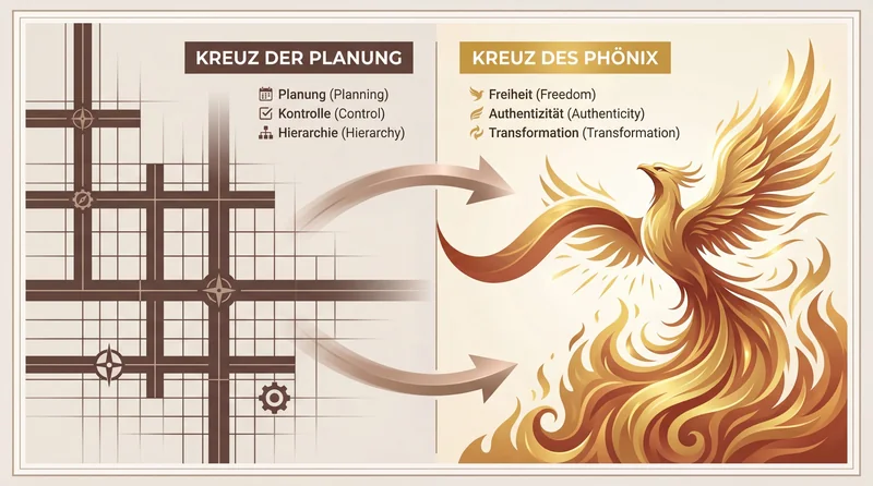 Vergleich: Kreuz der Planung (Planung, Kontrolle, Hierarchie) und Kreuz des Phönix (Freiheit, Authentizität, Transformation)