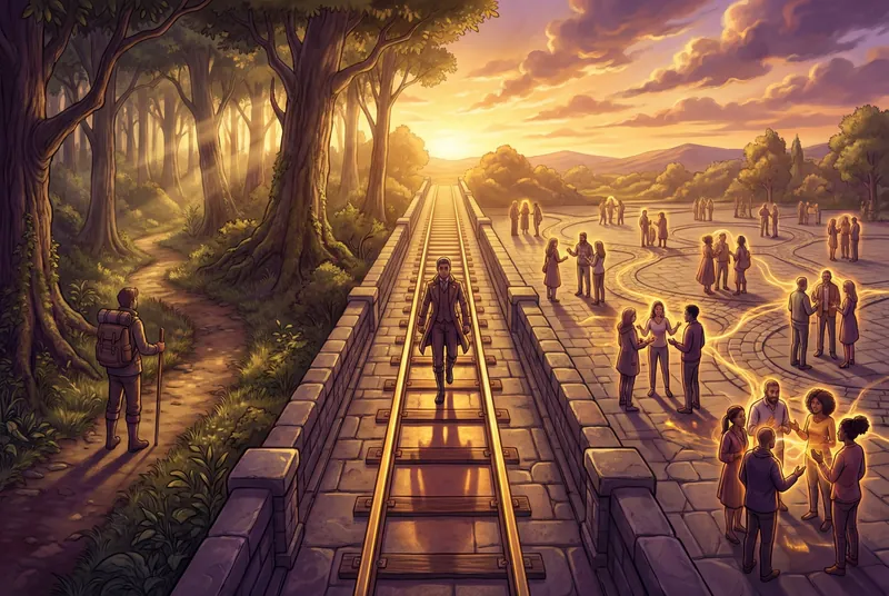Drei Wege durch eine Landschaft: ein eigener Pfad, eine gerade Schiene und ein Weg voller Begegnungen – die drei Schicksals-Geometrien