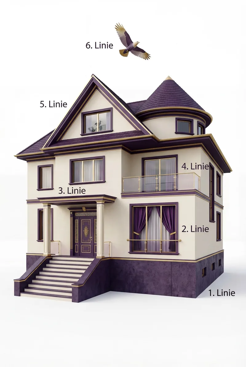 Haus mit sechs beschrifteten Ebenen als Bild für die sechs Linien des I-Ging