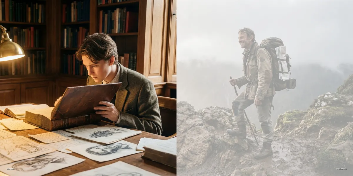 Profil 1/3 – Forscher & Abenteurer: links Mann mit Büchern und Karten in einer Bibliothek, rechts Bergsteiger mit Rucksack im Nebel