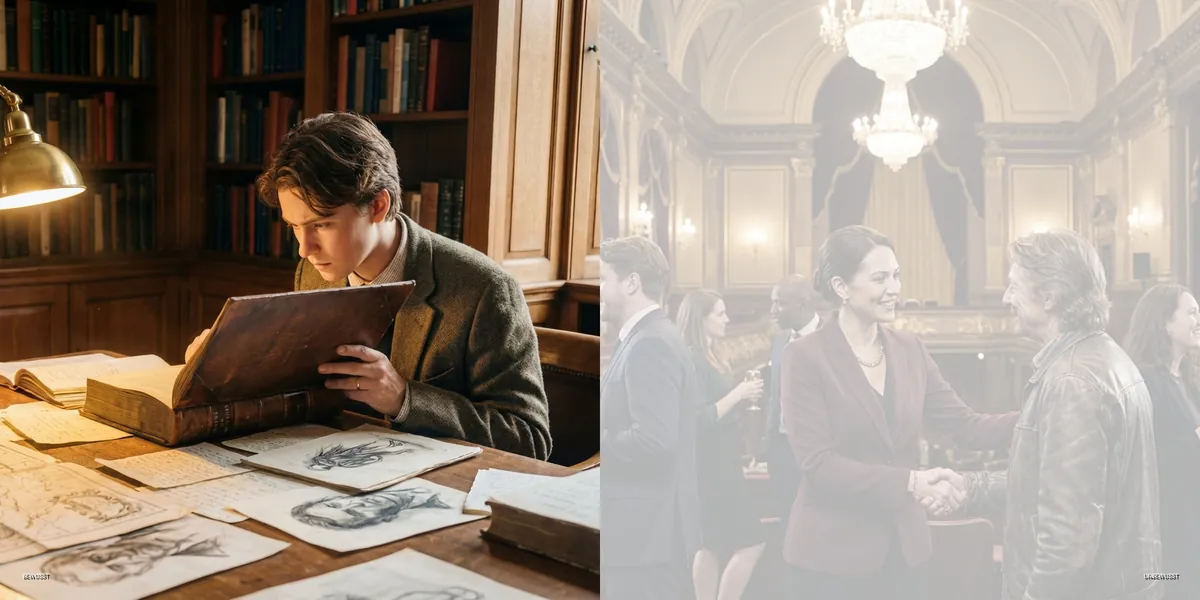 Profil 1/4 – Forscher & Socializer: links Mann mit Büchern und Karten in einer Bibliothek, rechts Menschen begrüßen sich per Handschlag in einem festlichen Saal
