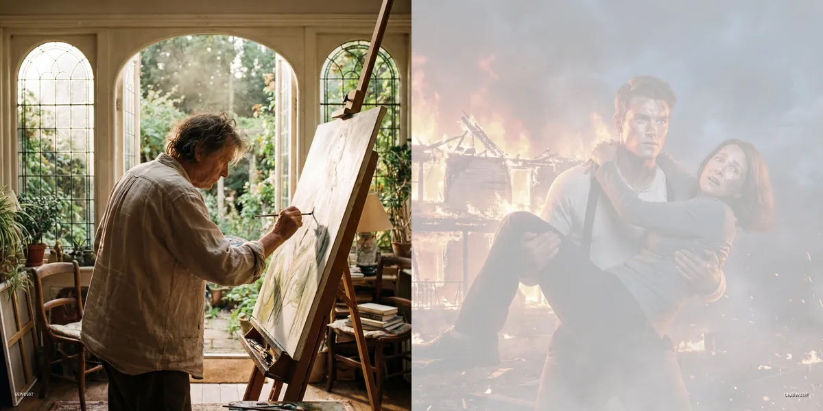 Profil 2/5 – Naturtalent & Held: links Maler an der Staffelei in einem hellen Atelier, rechts Mann rettet eine Frau aus einem brennenden Haus