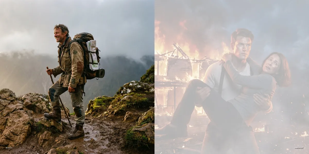 Profil 3/5 – Abenteurer & Held: links Bergsteiger mit Rucksack im Nebel, rechts Mann rettet eine Frau aus einem brennenden Haus