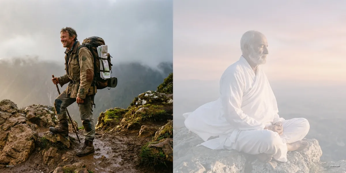 Profil 3/6 – Abenteurer & Adler: links Bergsteiger mit Rucksack im Nebel, rechts älterer Mann sitzt meditierend auf einem Felsen im Abendlicht