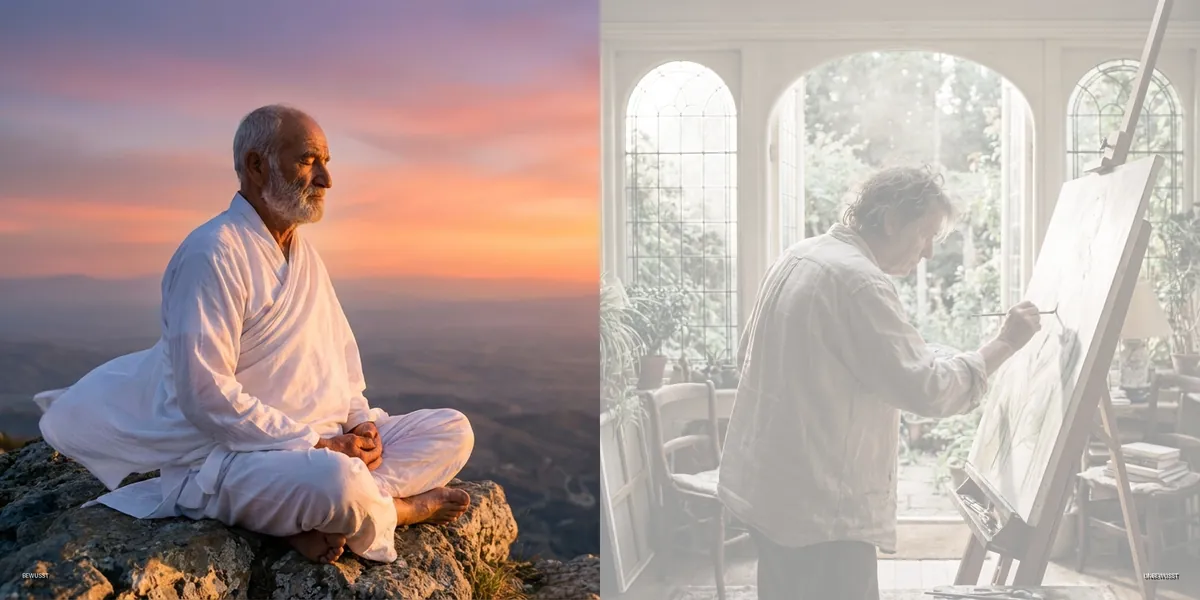 Profil 6/2 – Adler & Naturtalent: links älterer Mann sitzt meditierend auf einem Felsen im Abendlicht, rechts Maler an der Staffelei in einem hellen Atelier