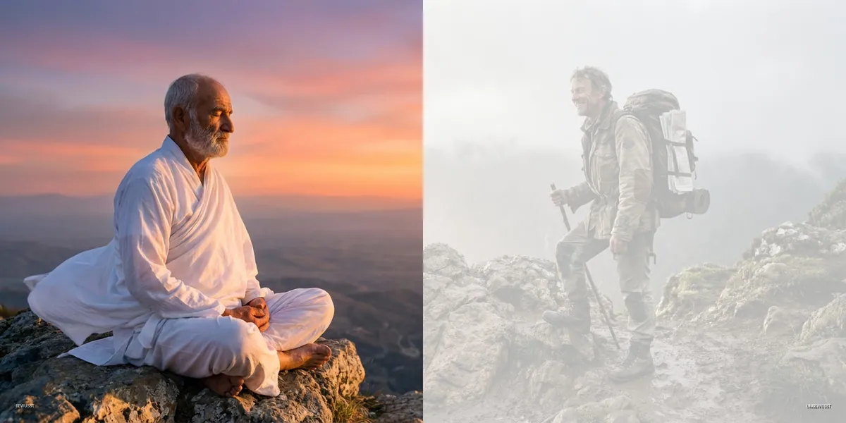 Profil 6/3 – Adler & Abenteurer: links älterer Mann sitzt meditierend auf einem Felsen im Abendlicht, rechts Bergsteiger mit Rucksack im Nebel